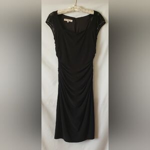 Evan Picone Black Sheath Dress with Ruched Waist and Shear Beaded Cap Sleeves